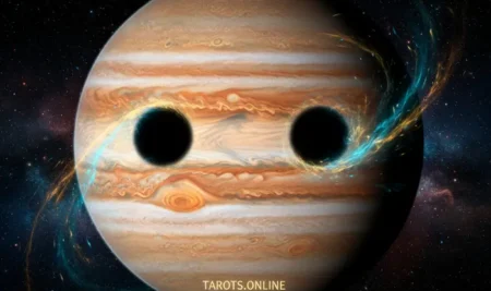 Ilustración artística del doble eclipse en Júpiter, mostrando las sombras de Io y Europa sobre sus nubes.