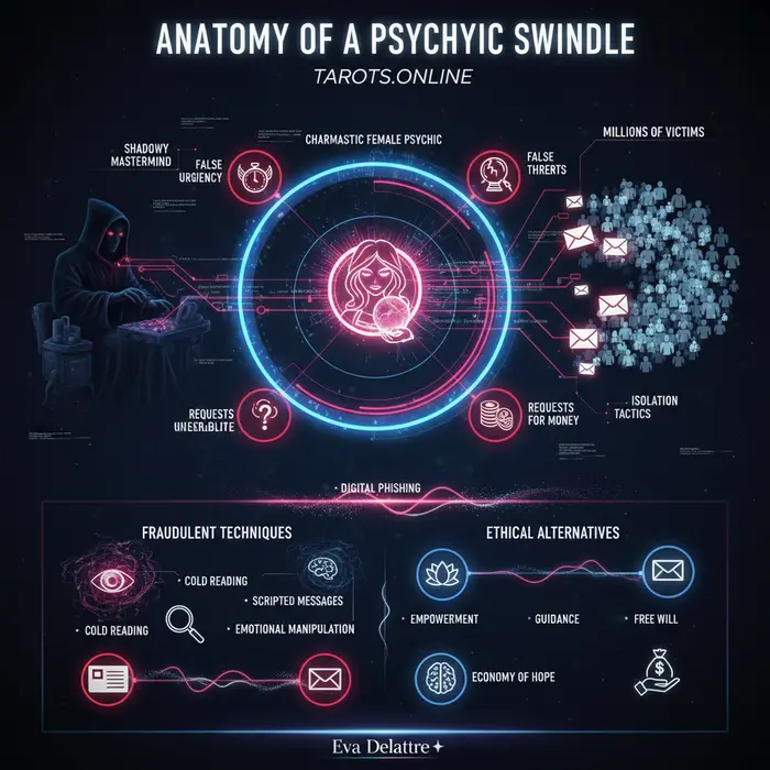Infografía del fraude psíquico de Maria Duval, analizando 'The Psychic Swindle' - 5/9/2025.
