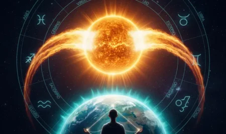 Interpretación esotérica de una llamarada solar y su impacto espiritual en los signos del zodiaco.