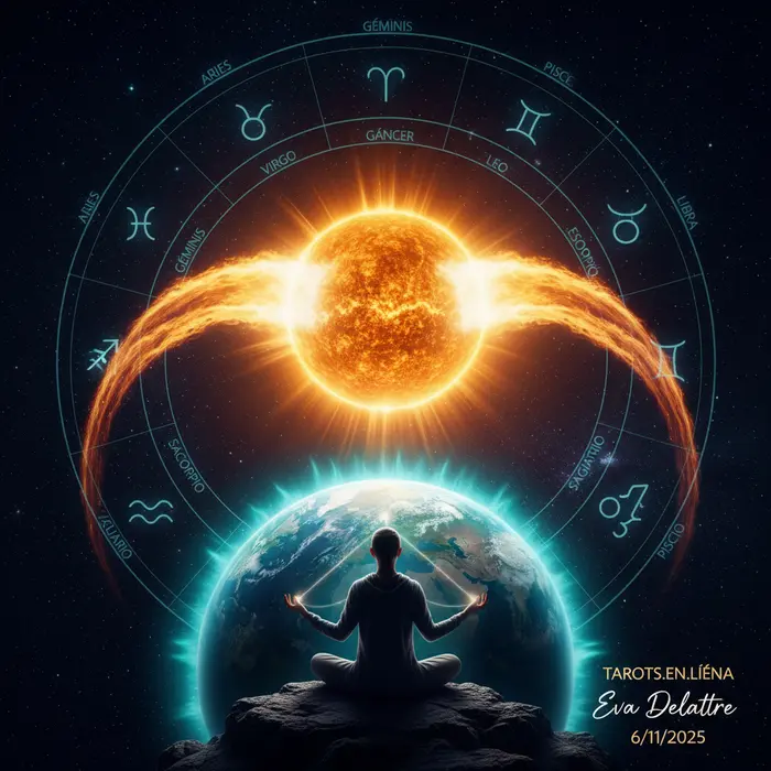 Interpretación esotérica de una llamarada solar y su impacto espiritual en los signos del zodiaco.