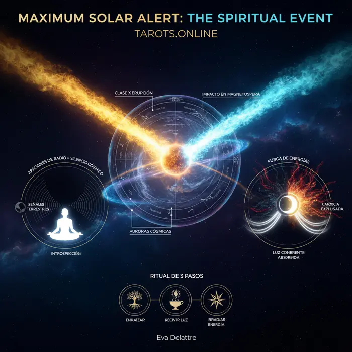 Infografía de la alerta por erupción solar de noviembre 2025, mostrando el significado espiritual de las llamaradas Clase X.