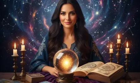 Ilustración de la vidente Mhoni Vidente rodeada por los 12 signos del zodiaco para su horóscopo semanal.