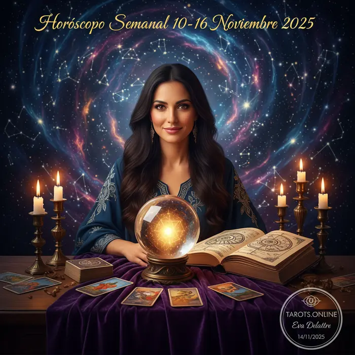 Ilustración de la vidente Mhoni Vidente rodeada por los 12 signos del zodiaco para su horóscopo semanal.