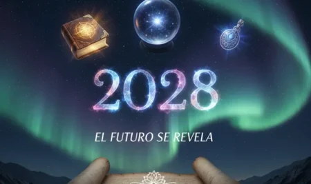 Ilustración de Nostradamus junto a sus manuscritos analizando las profecías y predicciones para 2028.