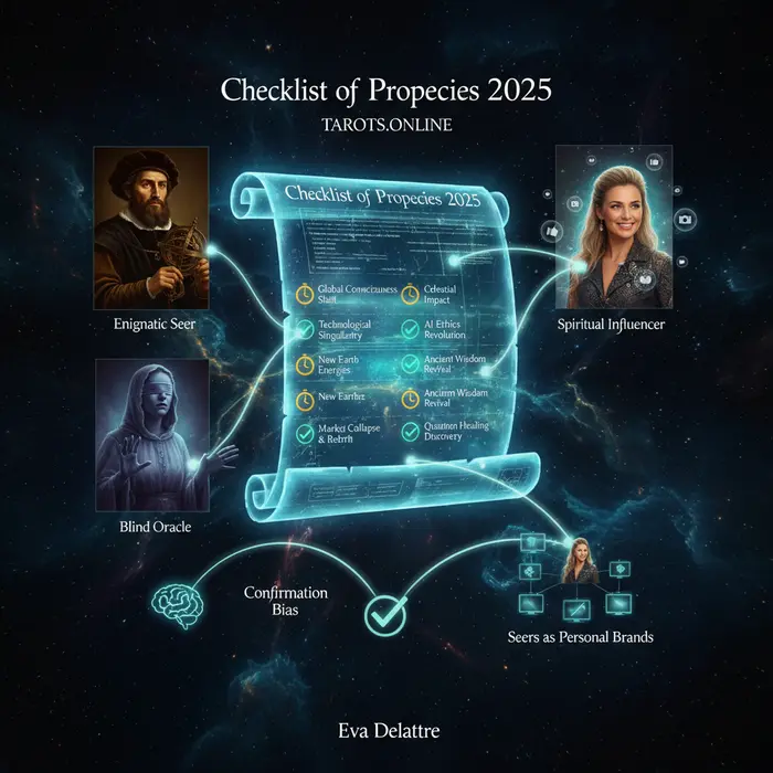 Infográfico con el checklist de las predicciones 2025 cumplidas y pendientes de los grandes videntes - 5/9/2025.