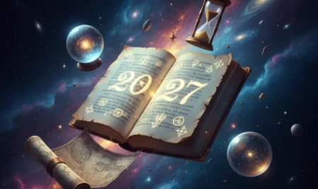 Profecías de Nostradamus para 2027 en un pergamino antiguo junto a cartas astrales.