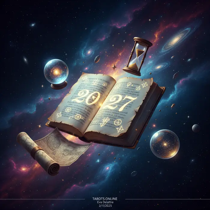 Profecías de Nostradamus para 2027 en un pergamino antiguo junto a cartas astrales.
