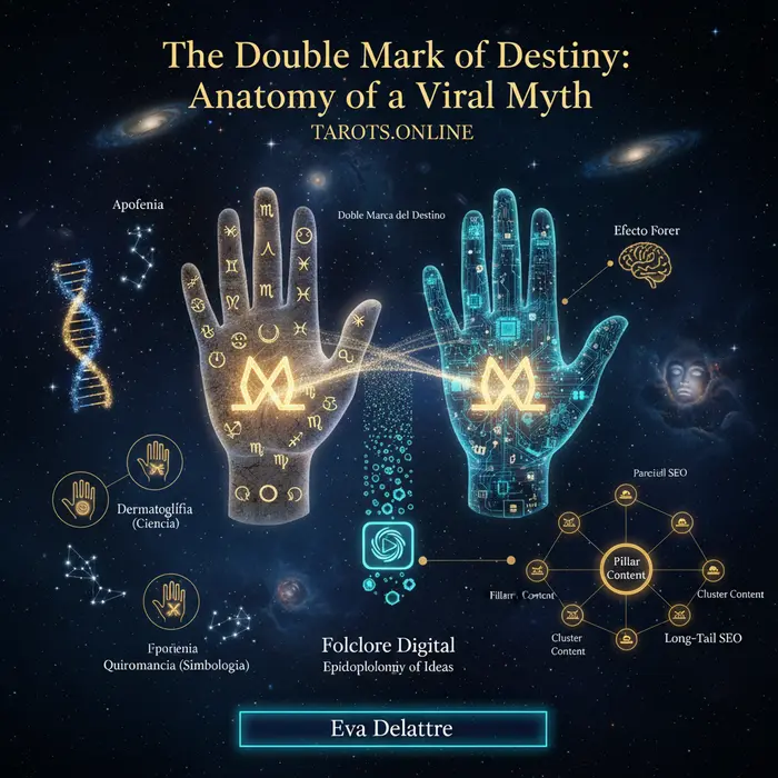 Infográfico de la Doble Marca del Destino con dos 'M' en la palma de la mano y su significado quiromántico - 5/9/2025.