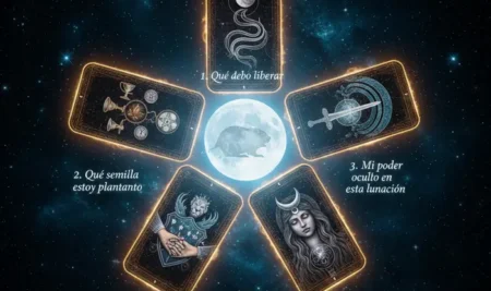 Representación visual de una tirada de tarot para la Superluna del Castor con cartas iluminadas bajo una luna brillante.