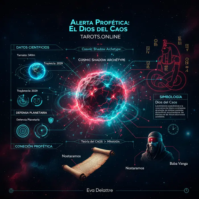 Infografía del asteroide Apophis 2029, mostrando su trayectoria, significado espiritual y profecías para el 5/9/2025.