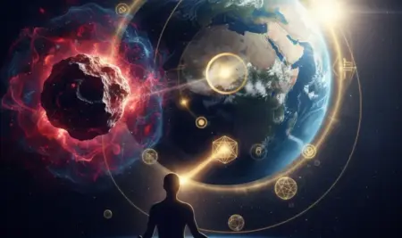 Representación artística del asteroide Apophis acercándose a la Tierra, ilustrando las profecías para 2029.